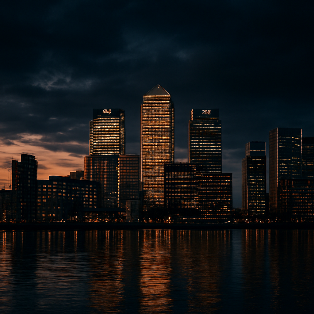 Canary Wharf London skyline at sunset